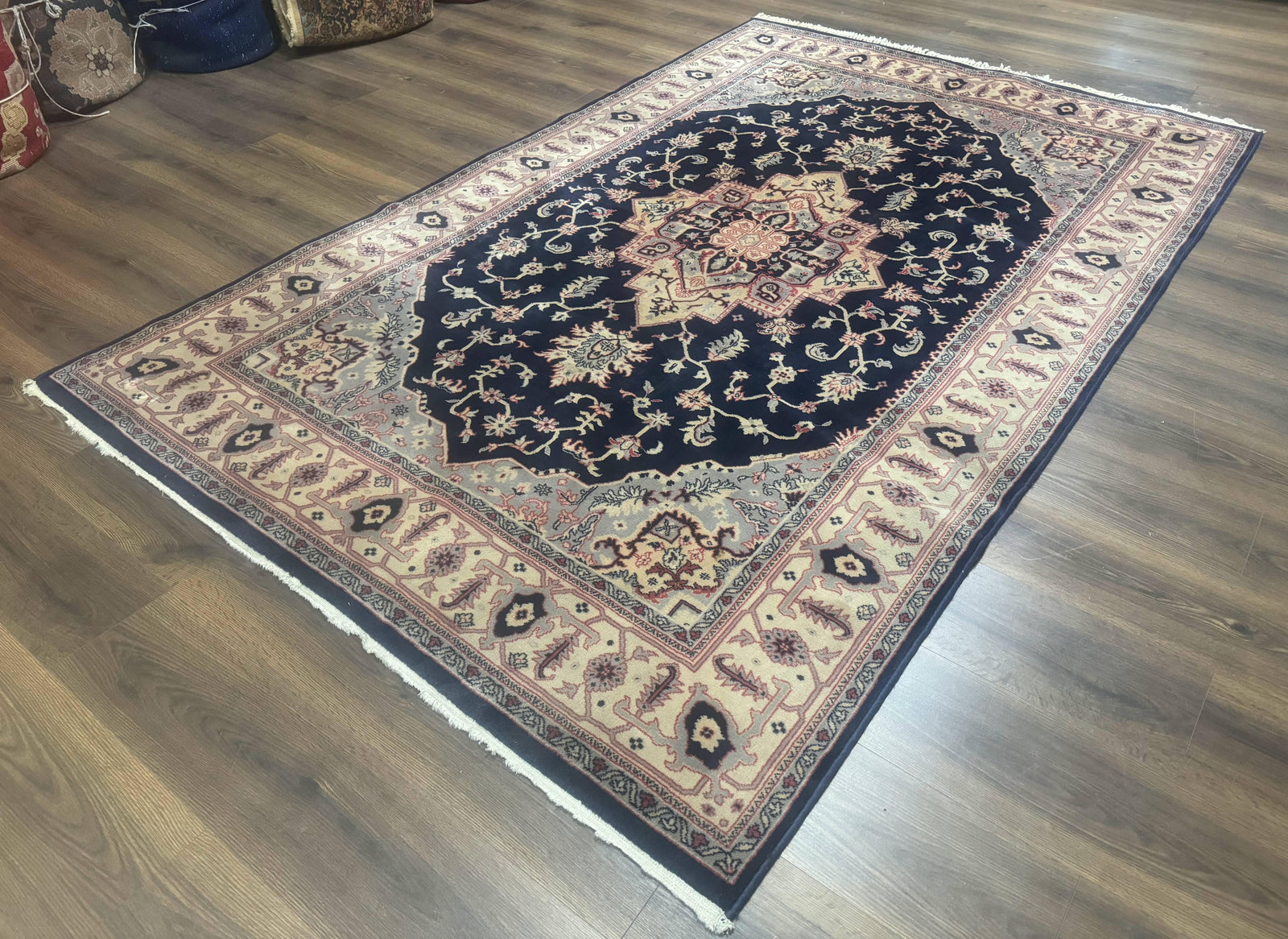 Karastan Rug Navy Serapi, Kara Shah Rug, Navy Blue, 5.6 x 8.6, Vintage Karastan Area Rug, Wool Pile Karastan Rug