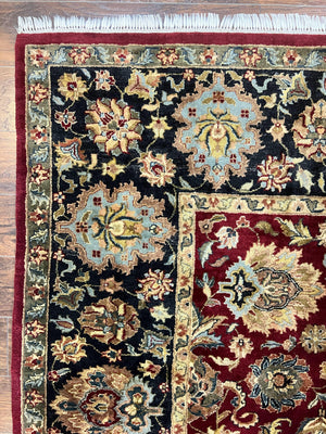 Indo Persian Rug 8x10, Wool Hand Knotted Vintage Carpet, Dark Red, Indian Mahal Rug, Agra Design, 8 x 10 Room Sized Oriental Rug