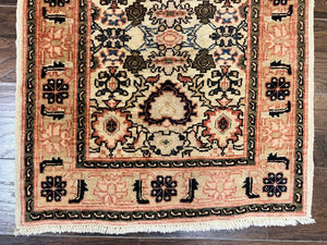 Romanian Runner Rug 2.6 x 12.9, Wool Handmade Hand Knotted Skinny Runner for Hallway, Floral Allover, Vintage Tan Runner