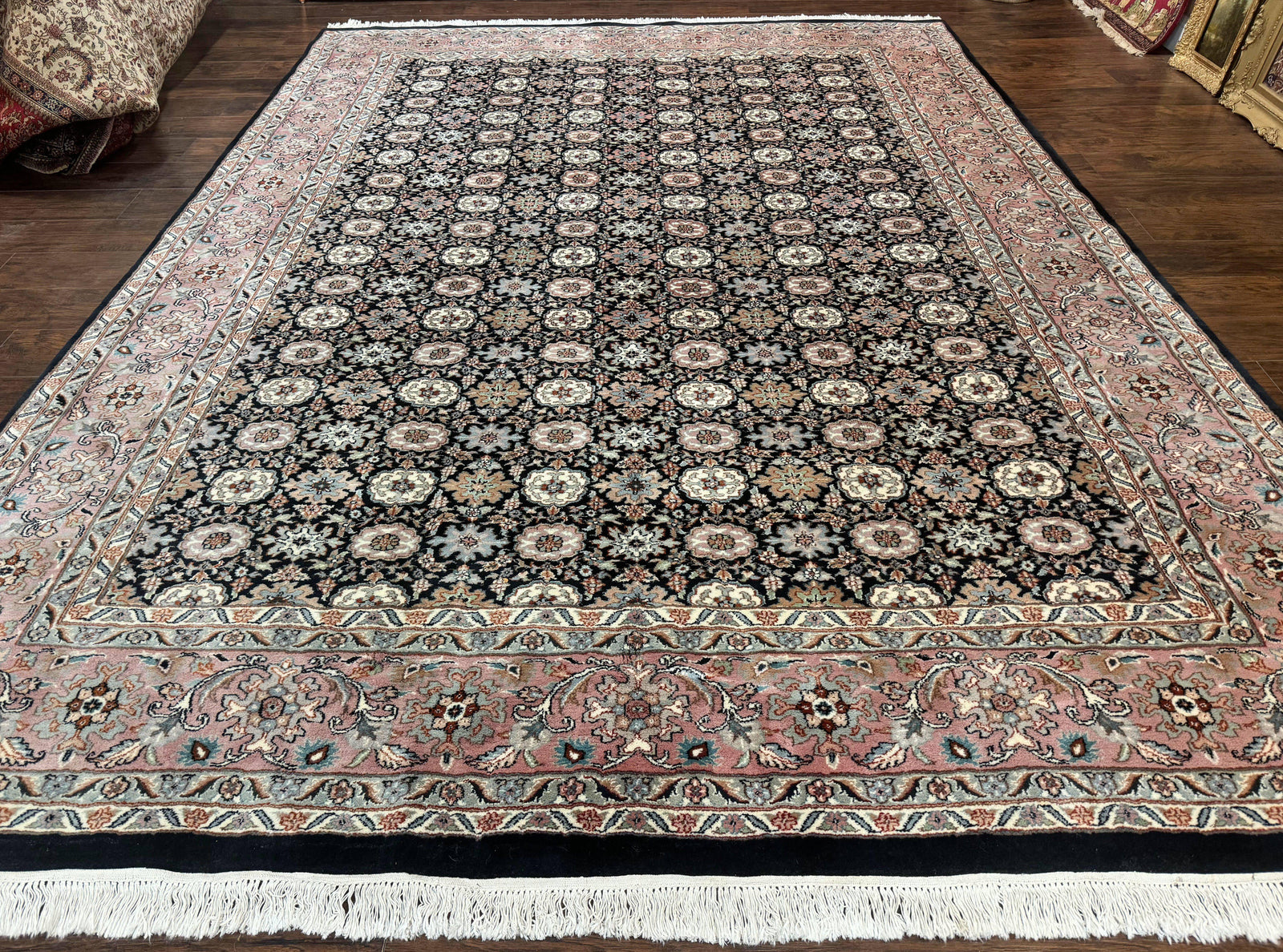 Indo Persian Rug 9x12, Vintage Handmade Wool Carpet, Repeated Allover Motif, Navy Blue and Pink