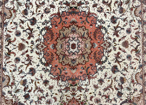 Wonderful Persian Tabriz Rug 9x12, Floral Medallion, Ivory and Salmon Red, Hand Knotted, Wool with Silk Accents, Very Fine Vintage Oriental Carpet