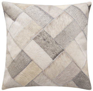 Genuine Cowhide Leather Decorative Throw Pillow - Gray and Ivory Diamond Patchwork, 20x20