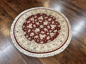 Sino Persian Round Rug 4x4, Wool Hand Knotted Oriental Carpet, Maroon & Ivory Vintage Rug, Floral Rug, Traditional Rug 4 x 4, Fine Rug