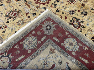 Indo Persian Mahal Rug 8x12, Wool Hand Knotted Oriental Carpet, Light Gold and Burgundy, Floral Allover, Vintage Room Sized Area Rug 8 x 12