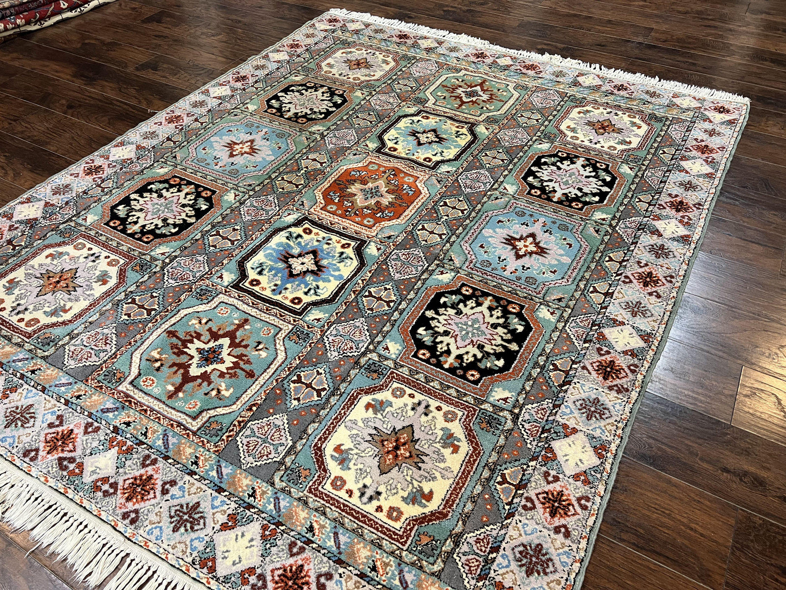 Moroccan Rug 7x8, Wool Hand Knotted Vintage Carpet, Multicolor Panel Design Oriental Rug