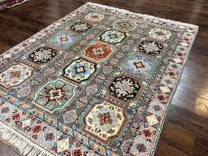 Moroccan Rug 7x8, Wool Hand Knotted Vintage Carpet, Multicolor Panel Design Oriental Rug