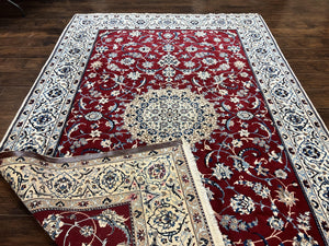 Persian Nain Rug 6x10, Wool and Silk Highlights, Red and Ivory, Floral Medallion, Vintage Handmade Hand Knotted, Fine 225 KPSI, Traditional Rug