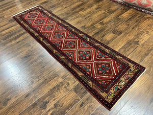 Persian Tribal Runner Rug 3x10, Red Camel Hair Navy Blue, Handmade Hand Knotted 10ft Wool Oriental Vintage Runner for Kitchen or Hallway, Persian Lilihan Hamadan Runner