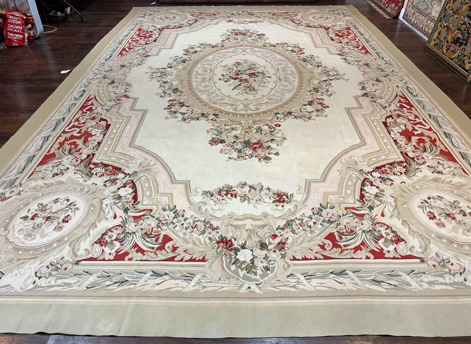 Large Aubusson Rug 11x17, Wool Handmade Vintage Carpet, Ivory Beige, French European Elegant Design, Palace Size Rug