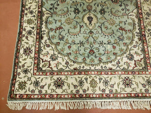 Silk Turkish Kayseri Rug 3x5, Light Mint Green and Ivory, Vintage Fine Silk Hand Knotted Oriental Carpet 3 x 5 ft, Floral Medallion, Nice