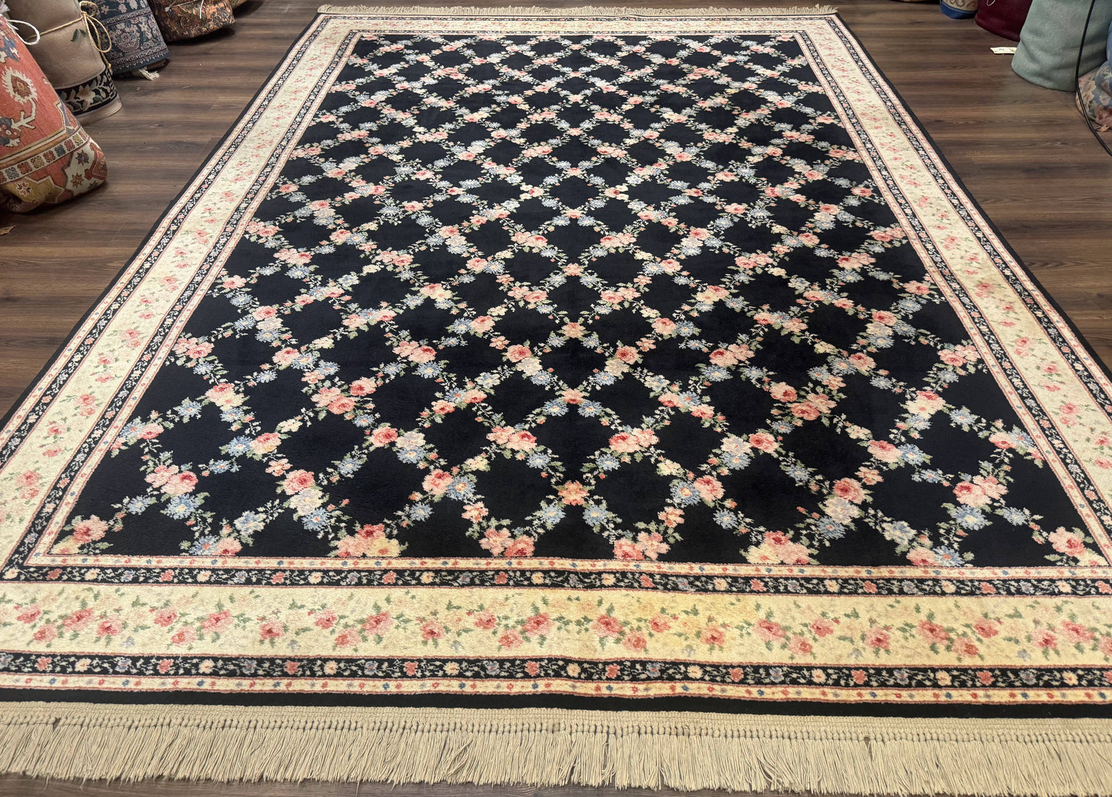8.8 x 12 Karastan Garden of Eden Rug, Ebony Trellis #509/1270, Black, Floral, Wool Pile, Vintage, Discontinued