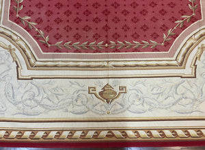Aubusson Rug 9x12 ft, Red and Ivory Elegant Aubusson Carpet, Flatweave, Vintage Wool Handmade Area Rug 9 x 12, French European Design