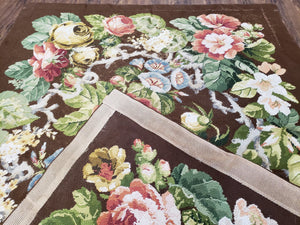 Floral Needlepoint Rug, Medium Rug, Vintage Area Rug, Handmade Flat Weave Rug, Dark Brown Rug, Multicolor Large Colorful Flowers, 6x8