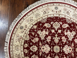 Sino Persian Round Rug 4x4, Wool Hand Knotted Oriental Carpet, Maroon & Ivory Vintage Rug, Floral Rug, Traditional Rug 4 x 4, Fine Rug