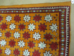 Vintage Moroccan Rug 4x5, Orange Ivory Red, Geometric Stars, Repeated Motif Allover, Hand Knotted Soft Wool Area Rug, Tribal Oriental Carpet