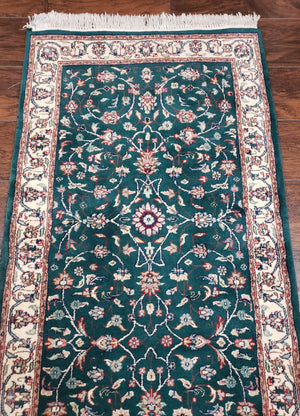 Extra Long Runner Rug 24 ft, Skinny & Long Rug for Hallway Corridor 2.6 x 24 Indo Persian Vintage Wool Rug Green and Cream Handmade Oriental