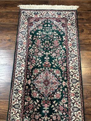 Sino Persian Runner Rug 2.7 x 12, Floral Allover, Dark Green, Vintage HandmadeOriental Carpet for Hallway, 12ft Runner, 200 KPSI