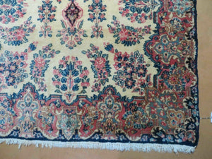 Antique Persian Kirman Rug 3.9 x 6.6, Floral Oriental Carpet, Ivory/Cream - Blue - Pink, Hand Knotted Wool Rug, Floral Medallion Rug 4x6