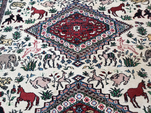 Vintage Indo Persian Area Rug 4.7 x 7.6, Wool Hand-Knotted Ivory Carpet, Animal Pictorials, Elephants Horses Lions, Indian Carpet, Unique