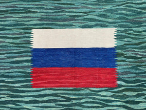 Sea Green Kilim Area Rug, White Blue Red Stripes, Russian Flag Rug, Flatweave Hand Knotted Carpet, Turkish Carpet, Wool, New, 5' 6" x 7' 10"