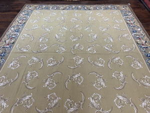 Vintage Aubusson Flatweave Area Rug 9x12, Aubusson Weave, Wool, Beige, Handmade, French European Design, 8'9" x 11'9"