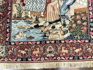 Wonderful Persian Kashan Pictorial Rug 4.7 x 6.5, Persian Rug for Wall Hanging, Handmade Antique Wool Carpet Animal Motifs Poetry Lovers, 240 KPSI