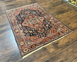 Persian Sarouk Rug 3.6 x 5, Medallion Rug, Red and Midnight Blue, Handmade Semi Antique Vintage Wool Carpet