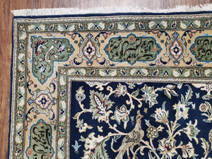 Semi Antique Persian Qum Tree of Life Rug, Hand-Knotted, Wool, Midnight Blue and Tan, Animal Pictorials, Written Poem in Borders, 4' 8" x 7' 8"
