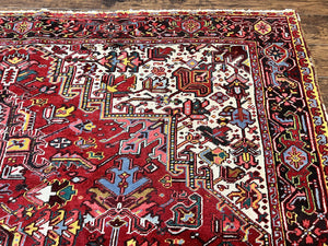 Persian Heriz Rug 10x13, Wool Hand Knotted Vintage Carpet, Geometric Medallion Tribal Oriental Rug, Red & Ivory, 10 x 13 Large Sized Rug