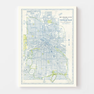 Vintage Map of Minneapolis, Minnesota 1922