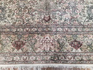 Vintage Indian Room Sized Silk Rug 8x10, Indo Kashmiri Carpet, Hand-Knotted Persian Oriental Carpet, Floral Medallion Allover Pattern, Ivory