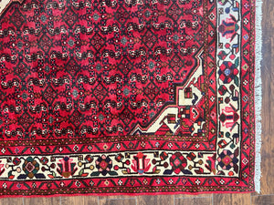 Persian Tribal Rug 7x10, Wool Handmade Semi Antique Vintage Hamadan Dargazine Carpet, Red & Ivory Allover Floral Medallion Rug, 7 x 10 Room Sized Oriental Rug
