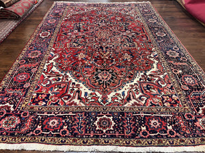 Persian Heriz Rug 8x12, Vintage Geometric Medallion Carpet, Semi Antique Wool Handmade Room Sized Oriental Rug 8 x 12, Red Dark Blue Ivory
