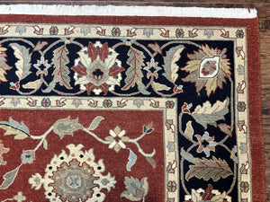 Indian Mahal Rug 8x10, Room Sized Wool Handmade Vintage Carpet, Red and Black, Floral, Flatweave Mahal Sultanabad Rug