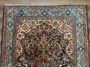 Persian Qum Rug 5x7 in Navy Light Blue and Ivory, Wool wilh Silk Highlights, 225 KPSI