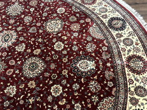 Round Sino Persian Rug 9x9, Burgundy and Cream, Floral, Wool and Silk, 9ft Round Carpet