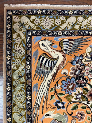Very Fine Small Persian Isfahan Rug 2.6 x 4, Kork Wool on Silk Hand-Knotted Vintage Animal Pictorials Birds Vase, Signature Masterweaver, Orange