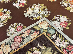 Vintage Needlepoint Rug 9x12, Large Handmade Hand-woven Needlepoint Carpet, Brown Area Rug, Floral Bouquets, Wool Rug, European Design