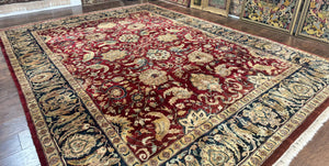 Indo Persian Rug 10x14, Indian Agra Carpet, Vintage Handmade Wool Large Traditional Rug, Dark Red Navy Blue Beige