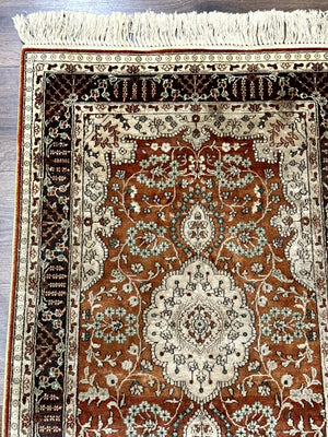 Turkish Silk Narrow Runner Rug 2 x 5.8, Very Fine 340 KPSI, Floral Medallions, Red
