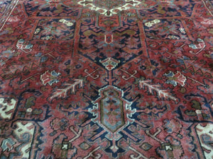 Persian Rug 8x11 Room Sized Heriz Carpet, Hand Knotted Wool Rug, Vintage Semi Antique, Geometric Medallion, Wine Red Cream Dark Blue, Wow