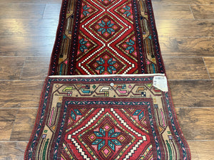 Persian Tribal Runner Rug 3x10, Red Camel Hair Navy Blue, Handmade Hand Knotted 10ft Wool Oriental Vintage Runner for Kitchen or Hallway, Persian Lilihan Hamadan Runner