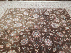 Vintage Pak-Persian Area Rug 9x12, Wool Hand-Knotted Spice Brown & Ivory Traditional Fine Oriental Carpet, Pakistani Carpet, 9 x 12 Fine Rug