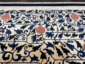 Antique Chinese Peking Rug 10x14, Beige Black, Handmade Wool Art Deco Carpet
