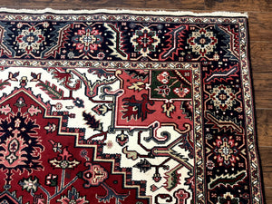 Indo Persian Heriz Rug 8x10, Geometric Medallion, Brick Red Ivory Navy Blue, Room Sized Heriz Carpet, Wool Rug