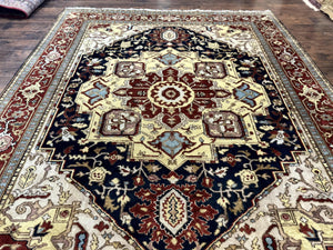Indo Persian Heriz Rug 8x10, Geometric Medallion, Serapi Carpet, Wool Vintage Rug