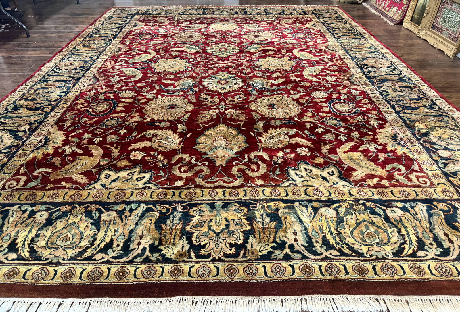 Indo Persian Rug 10x14, Indian Agra Carpet, Vintage Handmade Wool Large Traditional Rug, Dark Red Navy Blue Beige