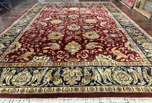 Indo Persian Rug 10x14, Indian Agra Carpet, Vintage Handmade Wool Large Traditional Rug, Dark Red Navy Blue Beige