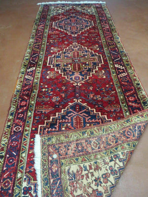 Persian Runner Rug, Heriz Runner Rug, Geometric Medallions, Red Cream Navy Blue Wool Hallway Rug 3.9 x 10.8 Antique Oriental Runner Handmade