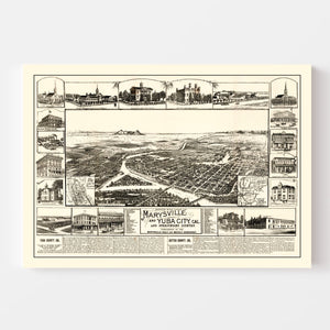 Vintage Map of Marysville & Yuba City, California 1888